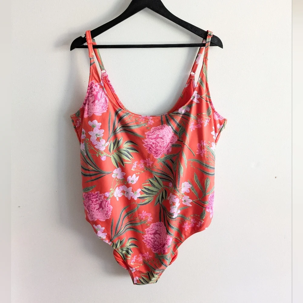 Old Navy Coral Orange Tropical Floral Print One Piece Swimsuit Size 3X - Picture 1 of 8